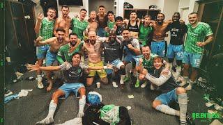 Brian Schmetzer addresses team in locker room after playoff win at LAFC