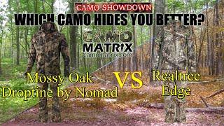 Compare Mossy Oak Droptine by Nomad VS Realtree Edge with simulated deer vision on 14 Backgrounds.