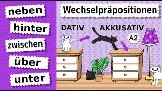 Wechselpräpositionen 2  zwischen über neben hinter unter / Dativ & Akkusativ - Katzen& Möbel A2 B1