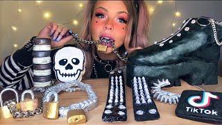 ASMR E-GIRL EDIBLE CHUNKY PLATFORM BOOTS, CHAIN NECKLACE, LOCKS, SPIKE BRACELET, TIK TOK APP MUKBANG