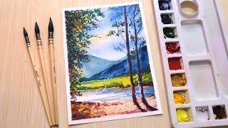 Watercolor painting of beautiful landscape scenery with pond easy