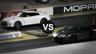 Lamborghini Aventador Vs Nissan GTR, Camaro, Mustang Drag Race