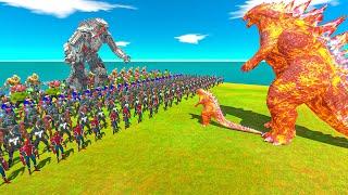 MECHAGODZILLA 2021 revolt battle with SUPERHEROES vs FIRE GODZILLA - Animal Revolt Battle Simulator