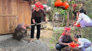 Mom expanded the kitchen with a concrete floor then happily picked ripe tomatoes with her daughter.