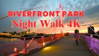 Walk Tour 4K | Riverfront Park, Omaha, Nebraska & Council Bluffs, Iowa, USA | Night Walk | 2024