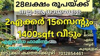 28 ലക്ഷം രൂപയ്ക്ക് 2ഏക്കർ 15സെന്റും 1400sqft വീടും.ക്ലിയർ ഡോക്യുമെന്റ.വഴി വെള്ളം.ഇടുക്കികഞ്ഞിക്കുഴി