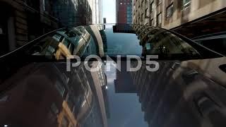 Camera Mounted On Car Hood In Frankfurt Downtown City - Windshield Reflection - 4k Stock Footage