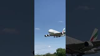 Emirates Airlines Airbus A380 coming in to land at London Heathrow Airport LHR