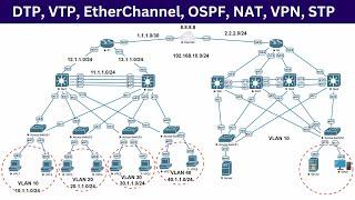 Complete Network Configuration | DTP, VTP, EtherChannel, OSPF, NAT, VPN, STP | All Protocols