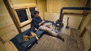 Winter Camping Under the Rain with My Dog in a Wooden Cabin