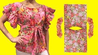 DIY Simple Wrap Top / Easy Rectangle Blouse Tutorial / Ruffle Shoulder / For Beginner