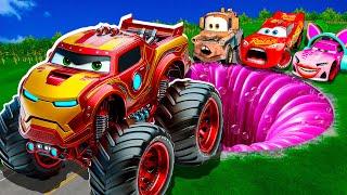 Purple Pit Transform In Iron Man Lightning McQueen & Big & Small Pixar Cars! Beam.NG Drive!