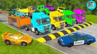 Quadruple Trucks Transporting cars with Flatbed Trailers | Cars vs Speedbump vs Train vs Pothole #19