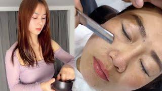ASMR | Removes a lot of dead skin and fuzz from a woman's face. 🪒 Crazy oriental shaving!