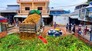 Start Landfill New Project!! Bulldozer D20P Push Stone &Truck Unloading to Water Flooded Landfill