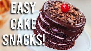 Easy, delicious CAKE SNACKS! Chocolate and vanilla cake, Yoplait yogurt, caramel, ganache and fruit!