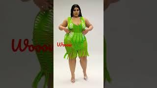 Glamorous  models lifestyle curvy woman in green waterfall style. plus size women beauty fashion.