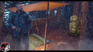 Tactical No Tent Cowboy Camp Under a Tarp in the Rain - ASMR STRONG Storm Adventure