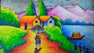 Rainy Day scenery drawing with oil pastel for Beginner/ How to draw rainy season scenery