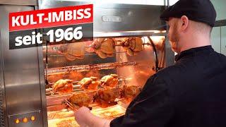 Traditional German cult snack bar with grilled chicken and fries for 58 years! German food