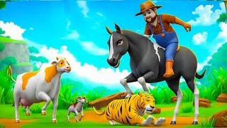 Black Horse to the Rescue: Saving Cow & Farm Animals from Wild Tiger Attack! Animal Rescue Adventure