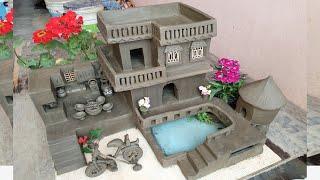 DIY miniature House | Build Underground Swiming Pool, Kitchen | Gas Cylinder, Bicycle from Clay