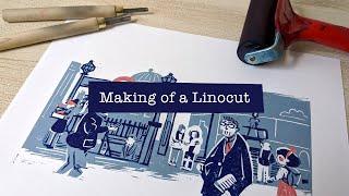 LINOCUT PRINTMAKING PROCESS: transfer, carving and printing "PICCADILLY CIRCUS"