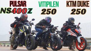 Pulsar NS400Z vs KTM Duke250 vs Vitpilen 250 Drag Race  | Triple Battle |