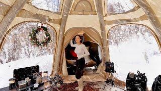 Amazing glass dome inflatable tent solo car camping in snowy forest