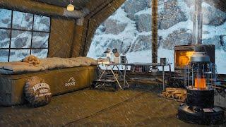 Camping in Heavy Snow with My Dog . Inflatable Hot Tent . Wood Stove ASMR