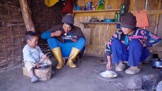 manjita's cooking for her husband and son in her sheep shed in the Himalayan rural Nepal