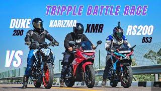 Hero Karizma XMR Vs Bajaj Pulsar Rs200 Bs3 Vs Ktm Duke 200 Bs6 Tripple Battle | Amazing Race