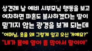 상견례날 예비시부모님 행동을 보고 여차하면 파혼도 불사하겠다는 딸이 믿기지 않는 광경을 보게 되는데 "어머님, 옷을 왜 그렇게 입고 오신거예요?" "내가 몸에 열이 많아서 말이야"