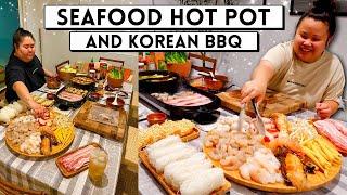 SEAFOOD HOT POT + KOREAN BBQ PORK BELLY AT HOME + SPRING ROLLS 먹방 MUKBANG EATING SHOW! *OMG!*