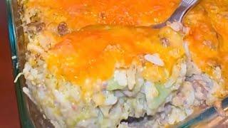 Broccoli Cheddar Cheese Rice Ground Beef Casserole by Pollo Wang