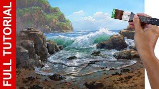 Tutorial : How to Paint Rocky Beach and Crashing Waves in Acrylics / JMLisondra