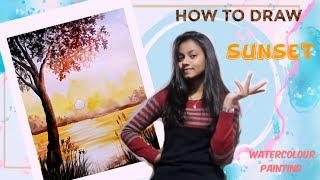 How to draw sunset landscape with watercolor