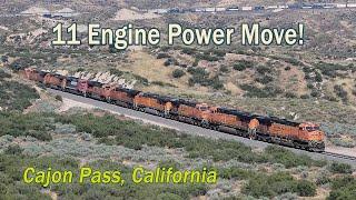 11 engine BNSF power move through scenic Cajon Pass - spot the odd one!
