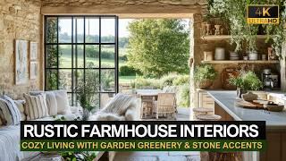 Rustic Farmhouse Interiors: Cozy Living with Garden Greenery and Modern Stone Accents