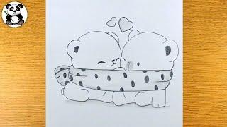 Cute bear couple pencil drawing | easy drawings ​⁠@TaposhiartsAcademy