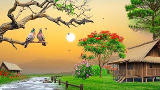 Serene Village Life: Thatched Huts, Stream, and Birds | Village Nature HD Background Video