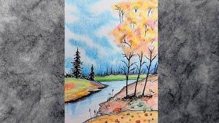 Autumn Landscape Drawing with Colored Pencils and Ink