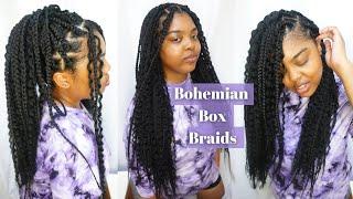 Curly Bohemian Box Braids  beginner "no rubber band" method boho braids tutorial on yourself