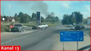 In Kursk, a Ukrainian fighter shows the city in an armored personnel carrier