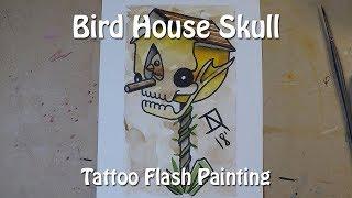 Bird House Skull | Tattoo Flash Painting