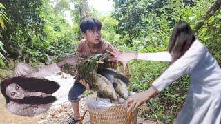 Making a living in the deep forest ancient way of catching fish with a bamboo basket of the boy Bao