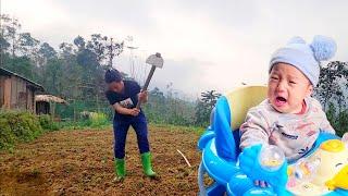 Single mother gardening vegetables with her beloved son