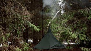 2-Day Camping with a Hot Tent in a Spruce Forest. Wood Stove. Сooking