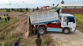 Wonderful New activity.!! by Dump Trucks And KOMATSU Dozer filling Flooded land Next to the road