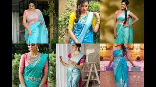 Sky blue Saree Contrast blouse design | Blue colour Saree blouse Combination | Sky blue Saree